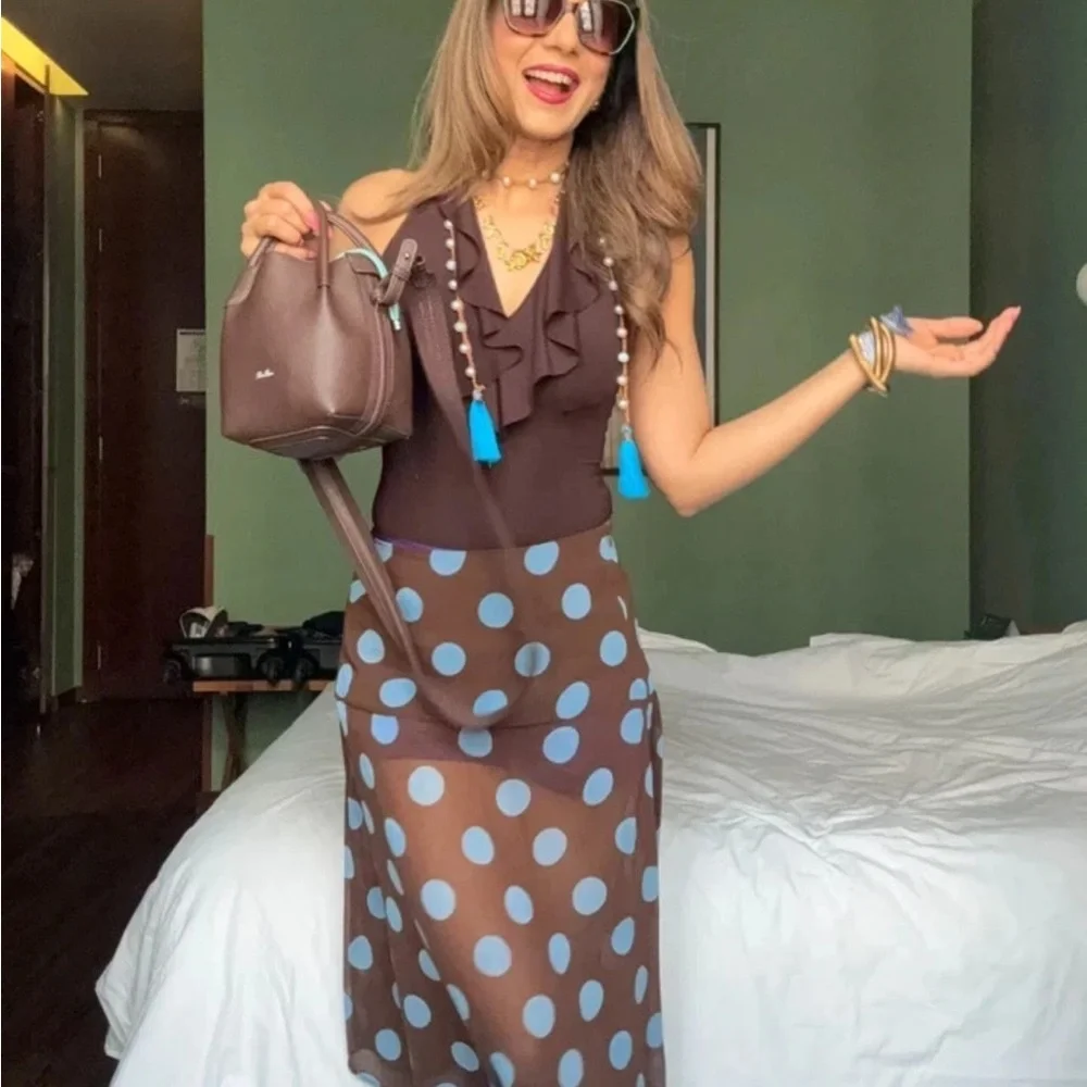 Zara Brown Skirt Set with Light Blue Polka Dots